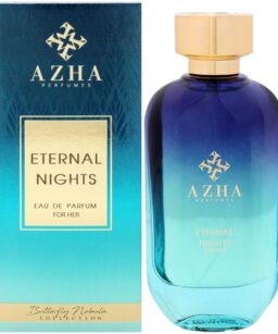 Azha Eternal Nights perfume for women with blue gradient bottle and gold cap.