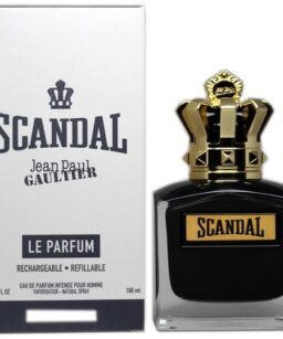 Scandal Le Parfum bottle with black and gold design and crown cap.