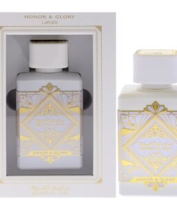 Honor & Glory LaTaffa perfume bottle with gold geometric design.
